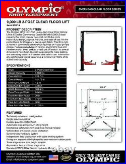2 Post Overhead Car Lift 9,000 LB 5-YEAR WARRANTY Olympic COMMERCIAL QUALITY