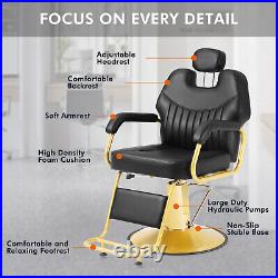 Black+Gold Widened Heavy Duty Reclining Barber Chair Hydraulic Salon Spa Beauty