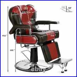 Heavy Duty Barber Chair Hydraulic Recliner Tattoo Salon Equipment Red Brown