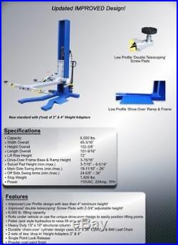 New 6,000 lbs. Mobile, Low Profile, Single-Column Lift FREE truck adapters