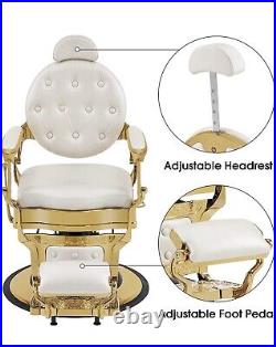 Vintage Heavy Duty Salon Hydraulic Barber Chairs Reclining White And Gold New